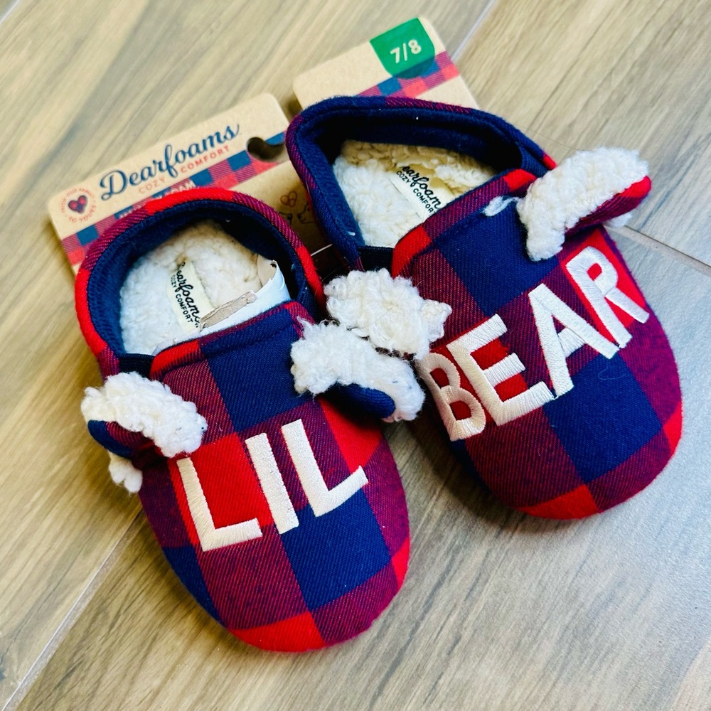 NEW! Limited Edition Dearforms Kids Lil' Bear Memory Form Buffalo Check Slippers